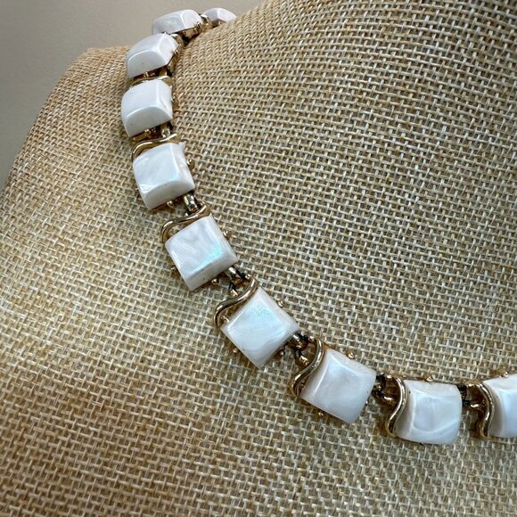 Vintage Coro Gold-Tone Link Necklace With White Thermoset Square Tiles Mid-Centu - Picture 4 of 16